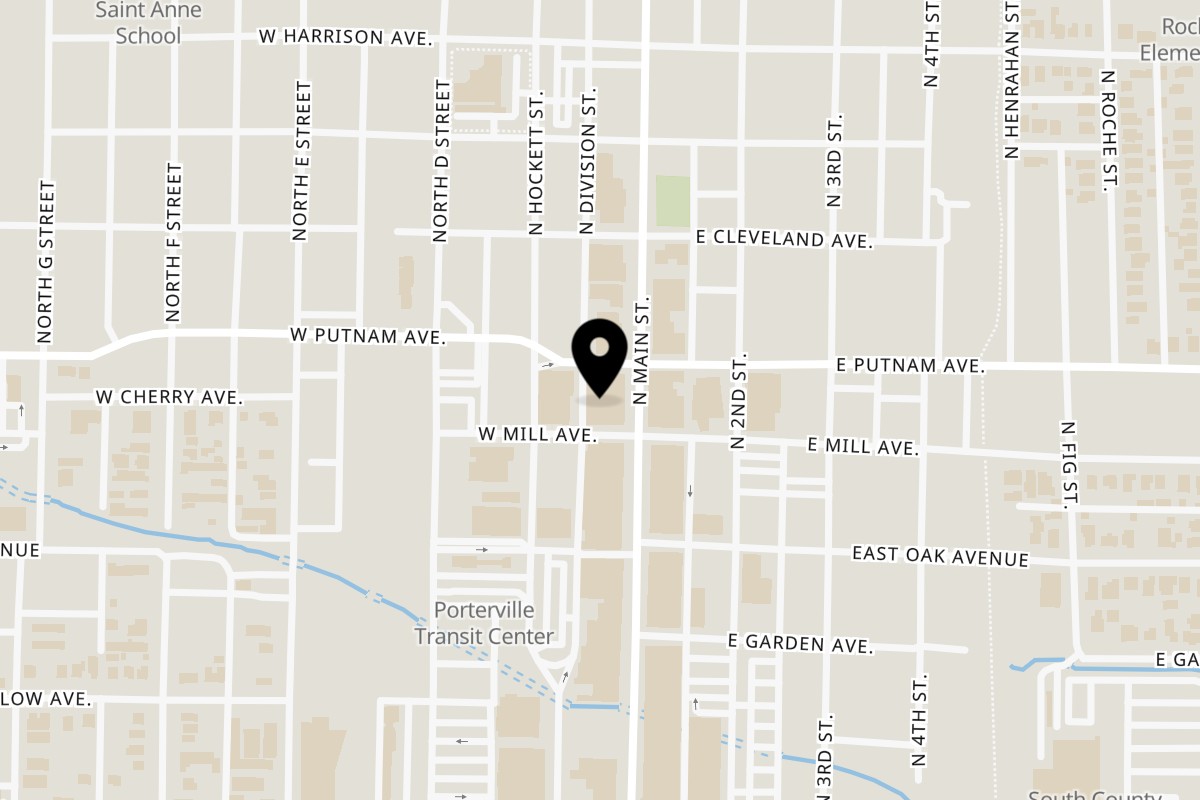 Map showing the location of Poor Richards Pizza on 205 N Main St in Porterville